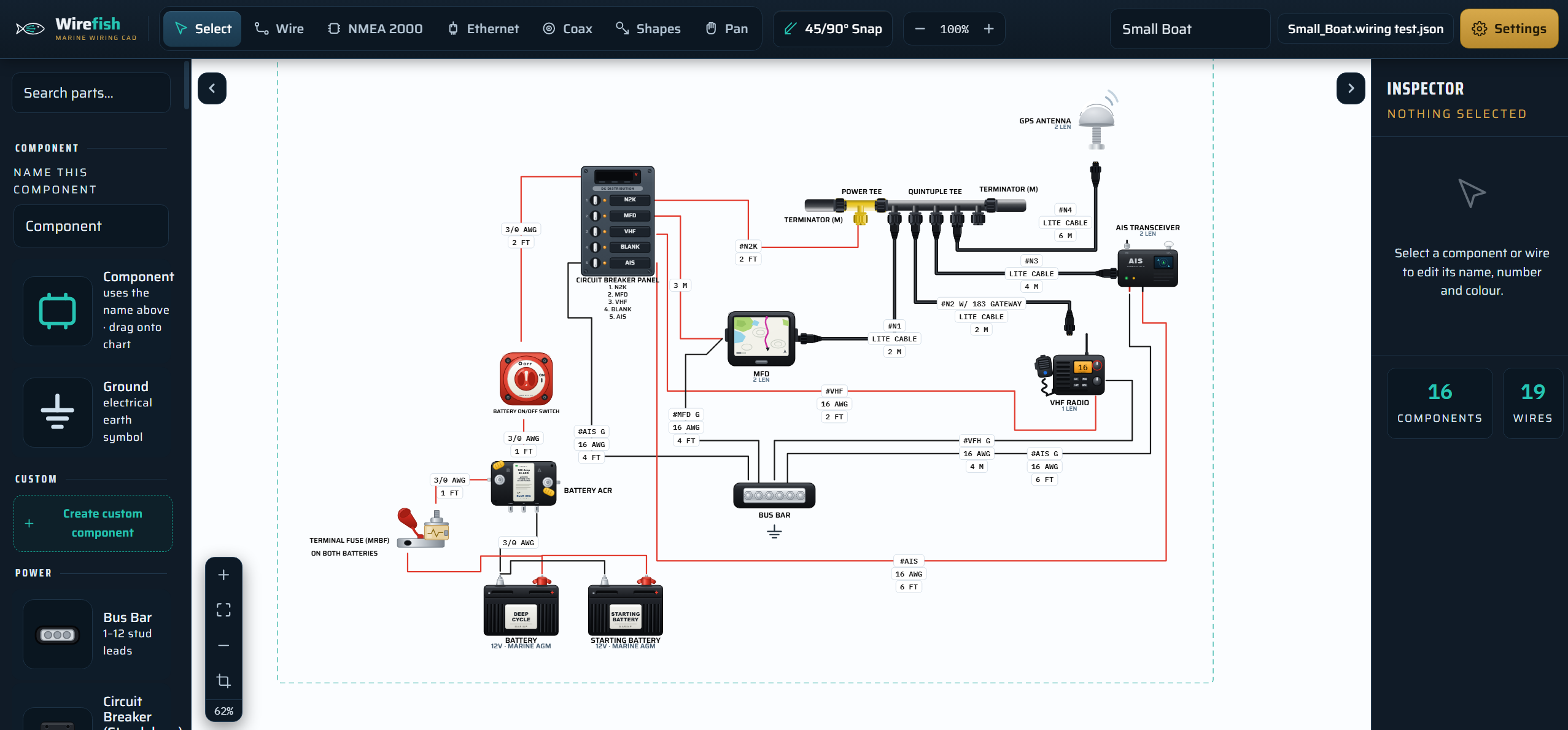 Wirefish showing a small-boat DC and NMEA 2000 diagram: batteries, MRBF fuses, battery switch, ACR, breaker panel, bus bar, and an NMEA 2000 backbone feeding an MFD, VHF, AIS and GPS antenna.