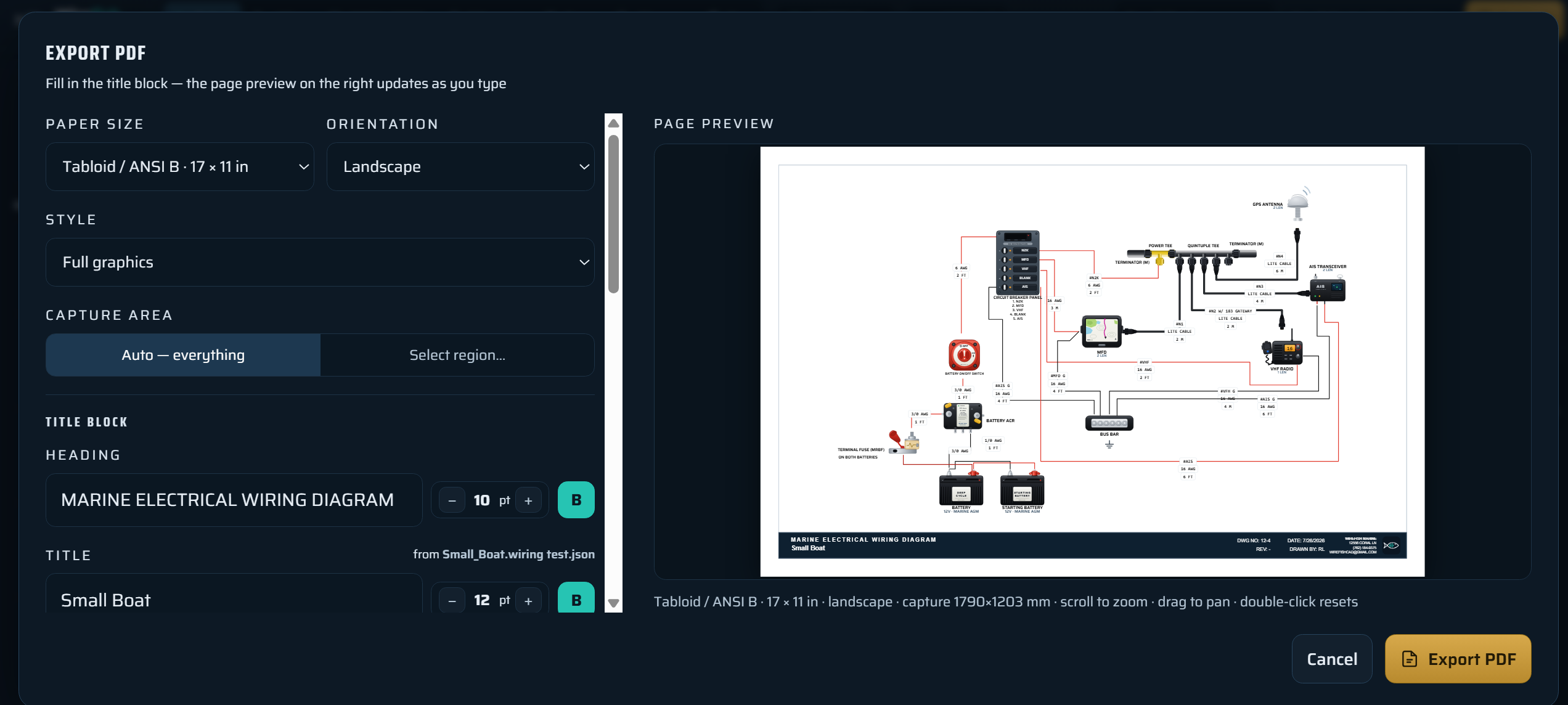 Wirefish Export PDF dialog: paper size Tabloid ANSI B, landscape orientation, full-graphics style, capture area, and an engineering title block with heading, title and point sizes — beside a live page preview of the finished sheet.